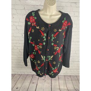 VTG Chrysantheme Black Poinsettia Embroidered Beaded Hand Knit Sweater 1X